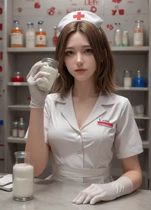 A 4K photo of a tall and sexy nurse with a perfect rounded chubby ass, narrow waist and sexy bloodstained cleavage. Full body photo from feet to head. She has a perfect hourglass figure and is wearing a tight shiny light blue latex uniform, a white bloodstained apron with a red cross on it, and very long bloodstained white latex gloves over the elbows. The nurse is standing in a hospital room with a gynelogical chair with heavy bloodstained paper sheets in the background. She has a stunning beautiful face, with a little black makeup, perfect smokey eye, and is laughing sadistically. The eyes are open, eyes pupils are visible. She is holding two dark red egg-shaped two inch sized bloodstained meatballs in her left hand. She squeezes the egg-shaped meatballs firmly. A medical jar, filled with a clear fluid and two bloody two inch sized egg-shaped meatballs, is visible in the foreground on a medical stainless-steel table, (filled medical jars:1.5), . Several medical jars in a storage rack are clearly seen in the background. The medical jars are labeled with different surnames like Smith, Parker or Winterbottom. These medical jars in the background are all filled with a fluid and two egg-shaped meatballs each, (detailed background:1.6), .