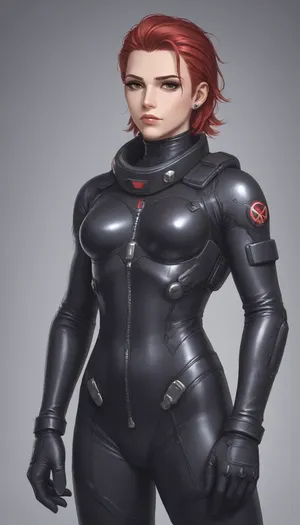 Moira from Overwatch, solo, Overwatch suit dressed, 3/4 body view