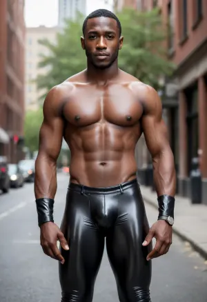(((high resolution photography))), ((photorealistic)), one black male instagram model, BREAK

African Black man with muscular body wearing tight latex pants, large hard penis inside covered by leather pants, buldge of his bbc clearly visible, tight pants made of shiny patent leather, ((gigantic penis buldge)), ((outline of large cock visible under pants)), ((penis buldge:1.5))