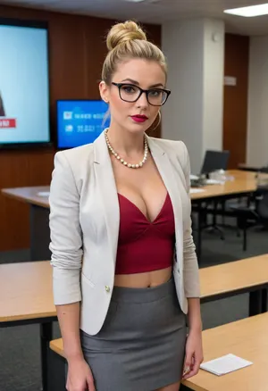 view towards the screen, athletic bustygirl, blonde babe, in an empty lecture room standing infront of a screen doing a presentation showing a GIS on a large screen, closed laptops on table, secretary, grey blazer, grey micro skirt, smooth pussy, white blouse, cleavage, showing smooth pussy, black nylons, stockings, glasses, pearl necklace, earrings, elegant makeup, glossy lips, blonde hair, red highlights, hair bun, smooth skin, very deep cleavage, no bra