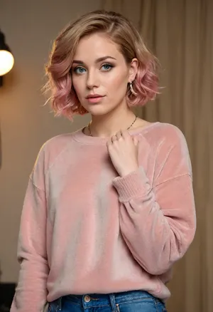 (masterpiece, best quality:1.2), 1 czech 30yo woman, famous singer, (she wears a light brown baggy shimmering velvet round neck sweater and jeans:1.4), indoors in a recording studio, (short wavy pink hair:1.2), bright blue eyes, (piercing in nose, big earrings, golden necklaces:1.2), she is standing at a studio microphone and sings powerful and concentratedly, she wears an earphone, photorealism, <lora:681678_training_data:.5>