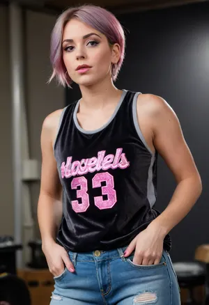 (masterpiece, best quality:1.2), 1 czech 30yo woman, famous singer, (she wears a dark grey baggy shimmering velvet round neck sleeveless basketball jersey and jeans:1.4), indoors in a recording studio, (short wavy pink hair:1.2), bright blue eyes, (big earrings, golden necklaces, basecap:1.2), she is standing at a studio microphone and sings powerful and concentratedly, photorealism, <lora:681678_training_data:.5>