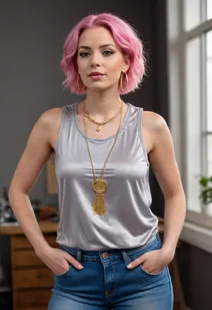 (masterpiece, best quality:1.2), 1 czech 30yo woman, famous singer, (she wears a long grey baggy velvet round neck sleeveless basketball shirt and jeans:1.4), indoors in a recording studio, (short wavy pink hair:1.2), bright blue eyes, (big earrings, golden necklaces, basecap:1.4), she is standing at a studio microphone and sings powerful and concentratedly, photorealism, <lora:681678_training_data:.5>