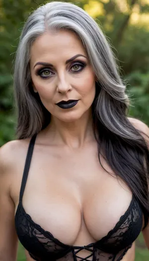 Athletic 60 year old white caucasian girl with dark straight long grey hair without bangs, goth, punk rock style, she has extreme dark hazel eyes, wearing lots of black eye makeup with sharp black points at the corner of her eyes, dark lipstick, big tits, cleavage, black lace swimsuit, fat ass, wide hips