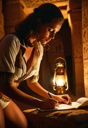 busty female archaeologist deciphers hieroglyphs in pharaoh's tomb, tight shorts and safari shirt, ass focus, ass close-up, low angle, cameltoe, writing in notebook, dim light, oil lantern casting long shadows, high contrast between light and shadow, sharp focus on ass, blurred background, shallow depth of field, <lora:MJ52:.8>