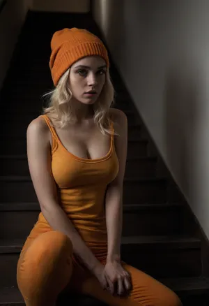 The image shows a young woman sitting on a staircase. She is wearing a yellow beanie and orange sweatpants, with her body facing the camera. She has blonde hair and is looking directly at the camera with a sultry expression. She bends forward revealing huge down blouse cleavage, huge hanging breasts, hard erect nipples, The background is a white wall and a white railing. The overall mood of the image is sensual and provocative., great, lighting, <lora:great_lighting:2>, <lora:dark:.4>