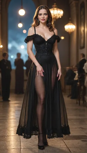 (stunning beauty woman), gilf in a luxury reneissance style hotel, fully clothed, (old:1.3), (housewife:1.3), (age-proper wrinkles:1.3), (natural breasts:1.2), (solid peach lipstick), (solid pink nails), white teeth, perfect denture, jewels, (untied long dark brown straight hair:1.2), (black lace stockings), stiletto heels, big cleavage, (black transparent victorian gown dress falled down on shoulders, minimalist luxury hoopdress:1.4), epic, gorgeous, spreading, (saggy:1.3), (night:1.5), raytrace, reflective lights, light reflections, masterpiece, best quality, cinematic scene, cinematic lighting, sharp focus, best shadow, 8K, UHD, extremely sharp, extremely detailed, extremely intricate detail, high res, ultra-high-definition, highly detailed, ultra-sharp textures, finely detailed, perfect skin texture, hyperrealistic lighting, professional photography, full dynamic range, deep contrast, high clarity, realistic depth of field, HDR, perfect exposure, smooth gradients, natural reflections, ultra-fine details, realistic skin pores, individual hair strands, soft shadows, color-graded, perfect face, High detailed photo, high quality photo, dim light, contrast, sharp background, fine detailed background, full body, full length shot, score_9, score_8_up, score_8, score_7_up, score_7, score_6_up, detailxl, <lora:681678_training_data:.9>, <lora:add-detail-xl:.9>