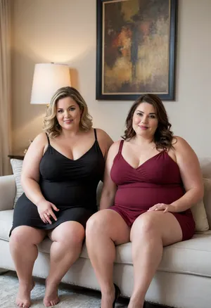In this inviting and warm image, two ssbbw mature women are seated on a plush, light grey ottoman or bench that serves as a focal point in a tastefully decorated living room. Both women are facing forward, engaging the viewer directly with a friendly and seductive gaze.
The bbw woman on the left has long, wavy dark brown hair that cascades over her shoulders. She is wearing a tight, deep maroon slip dress that accentuates her figure, with a high slit revealing part of her leg. Her left arm is resting comfortably on her lap, while her right arm is slightly bent at her side. She has a confident smile, and her eyes convey a sense of playful allure. Her makeup is natural, highlighting her features.
The bbw mature woman on the right has lighter, dark-blonde hair with highlights that also flows past her shoulders. She is adorned in a tight black slip dress with thin straps. Her pose mirrors her companion's, with her hands resting gently on her lap. She offers a more subtle, yet equally captivating, smile and direct eye contact.
Both women share similar facial features, suggesting a familial resemblance or a close friendship. Their expressions are open and inviting, contributing to the overall sexy and welcoming mood of the scene. They in their mid-50s, 55 years old, exuding maturity and confidence.
The background of the image features a contemporary living room with a sophisticated ambiance. Behind the women, a comfortable-looking grey sofa is visible. On either side of the sofa, two identical table lamps with warm, glowing shades cast a soft, ambient light, illuminating the space. Above the sofa, a large piece of abstract art with neutral tones and geometric shapes hangs on the wall, adding a touch of modern elegance. The lighting is soft and flattering, creating a well-lit and intimate setting that enhances the inviting atmosphere. The overall mood is one of subtle sensuality and comfort.