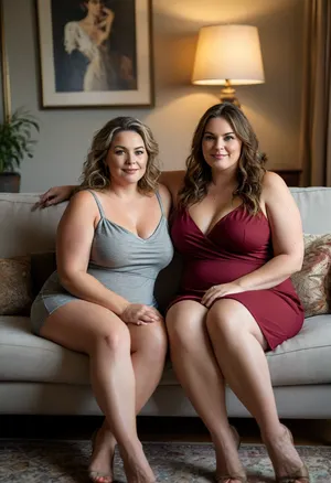In this inviting and warm image, two ssbbw mature women are seated on a plush, light grey ottoman or bench that serves as a focal point in a tastefully decorated living room. Both women are facing forward, engaging the viewer directly with a friendly and seductive gaze.
The bbw woman on the left has long, wavy dark brown hair that cascades over her shoulders. She is wearing a tight, deep maroon slip dress that accentuates her figure, with a high slit revealing part of her leg. Her left arm is resting comfortably on her lap, while her right arm is slightly bent at her side. She has a confident smile, and her eyes convey a sense of playful allure. Her makeup is natural, highlighting her features.
The bbw mature woman on the right has lighter, dark-blonde hair with highlights that also flows past her shoulders. She is adorned in a tight black slip dress with thin straps. Her pose mirrors her companion's, with her hands resting gently on her lap. She offers a more subtle, yet equally captivating, smile and direct eye contact.
Both women share similar facial features, suggesting a familial resemblance or a close friendship. Their expressions are open and inviting, contributing to the overall sexy and welcoming mood of the scene. They in their mid-50s, 55 years old, exuding maturity and confidence. Both women have their legs open showing their panties. Both women have erect nipples.
The background of the image features a contemporary living room with a sophisticated ambiance. Behind the women, a comfortable-looking grey sofa is visible. On either side of the sofa, two identical table lamps with warm, glowing shades cast a soft, ambient light, illuminating the space. Above the sofa, a large piece of abstract art with neutral tones and geometric shapes hangs on the wall, adding a touch of modern elegance. The lighting is soft and flattering, creating a well-lit and intimate setting that enhances the inviting atmosphere. The overall mood is one of subtle sensuality and comfort., <lora:MJ52:.8>