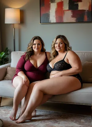 In this inviting and warm image, two ssbbw mature women are seated on a plush, light grey ottoman or bench that serves as a focal point in a tastefully decorated living room. Both women are facing forward, engaging the viewer directly with a friendly and seductive gaze.
The bbw woman on the left has long, wavy dark brown hair that cascades over her shoulders. She is wearing a tight, deep maroon underwear that accentuates her figure, with a highcut revealing her pussy. Her left arm is resting comfortably on her lap, while her right arm is slightly bent at her side. She has a confident smile, and her eyes convey a sense of playful allure. Her makeup is natural, highlighting her features.
The bbw mature woman on the right has lighter, dark-blonde hair with highlights that also flows past her shoulders. She is adorned in black lingerie. Her pose mirrors her companion's, with her hands resting gently on her lap. She offers a more subtle, yet equally captivating, smile and direct eye contact.
Both women share similar facial features, suggesting a familial resemblance or a close friendship. Their expressions are open and inviting, contributing to the overall sexy and welcoming mood of the scene. They in their mid-50s, 55 years old, exuding maturity and confidence. Both women have their legs open showing their panties. Both women have erect nipples.
The background of the image features a contemporary living room with a sophisticated ambiance. Behind the women, a comfortable-looking grey sofa is visible. On either side of the sofa, two identical table lamps with warm, glowing shades cast a soft, ambient light, illuminating the space. Above the sofa, a large piece of abstract art with neutral tones and geometric shapes hangs on the wall, adding a touch of modern elegance. The lighting is soft and flattering, creating a well-lit and intimate setting that enhances the inviting atmosphere. The overall mood is one of subtle sensuality and comfort., <lora:MJ52:.8>