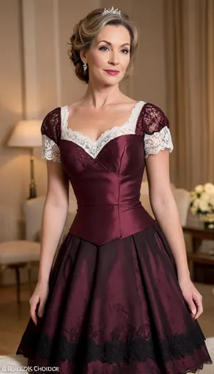 Stunning beauty, fully clothed, (mature:1.9), (housewife:1.9), (age-proper wrinkles:1.3), (natural breasts:1.2), (solid peach lipstick), (solid pink nails), white teeth, perfect denture, jewels, (untied long dark brown straight hair:1.2), (black lace stockings:1.3), stiletto heels, big cleavage, (elegant birgundy vintage wedding dress with lace shoulders, hoopdress:1.4), epic, gorgeous, spreading, (saggy:1.3), (night:1.5), raytrace, reflective lights, light reflections, masterpiece, best quality, cinematic scene, cinematic lighting, sharp focus, best shadow, 8K, UHD, extremely sharp, extremely detailed, extremely intricate detail, high res, ultra-high-definition, highly detailed, ultra-sharp textures, finely detailed, perfect skin texture, hyperrealistic lighting, professional photography, full dynamic range, deep contrast, high clarity, realistic depth of field, HDR, perfect exposure, smooth gradients, natural reflections, ultra-fine details, realistic skin pores, individual hair strands, soft shadows, color-graded, perfect face, High detailed photo, high quality photo, dim light, contrast, sharp background, fine detailed background, full body, full length shot, score_9, score_8_up, score_8, score_7_up, score_7, score_6_up, detailxl, <lora:681678_training_data:.9>, <lora:add-detail-xl:.9>, hoopdress, <lora:bab4d033-acad-4a4e-b6fa-5dda2bad3471.TA_trained:.8>