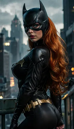 masterpiece, best quality, 1girl, batgirl, long shot, Gotham City background, realistic, green eyes, mask, bodysuit, orange hair, lips, long hair, solo, dark, but, <lora:MJ52:2>, <lora:add-detail-xl:2>, <lora:BUT_SDXL_SHS:.2>