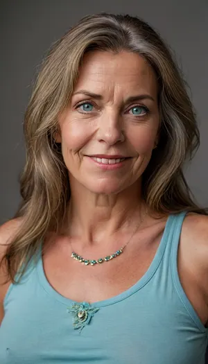 (Brunette Gilf:1.4), beautiful 60 year old woman stood in a, (photography studio:1.6), (perfect studio lighting), (obese:1.5), drooping, saggy, (smile:1.3), (upper body shot), (detailed skin:1.8), (long brown straight hair with gray highlights:1.3), (big light blue eyes:1.3), (detailed eyes), (chubby face:1.3), wearing a lowcut v-neck white sleeveless T-shirt, braless, Wearing, clothes, that, make, sense, with, Braless>, green, eyes, blue, perfecteyes, <lora:bralessSDXL_v1_00022:.5>, <lora:PerfectEyesXL:.3>, <lora:MJ52:.2>