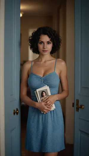 portrait of a young French woman, fit body, large breasts, with short curly black hair, standing in front of an door. She wears a blue summerdress, (she holds in her hands a photograph of herself, naked), .
