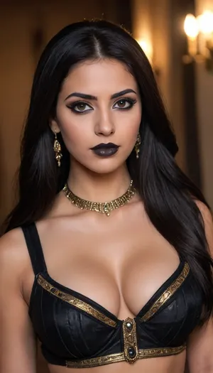 Athletic 20 year old Egyptian girl with dark straight long black hair without bangs, she has extreme dark hazel eyes, wearing lots of black eye makeup with sharp black points at the corner of her eyes, dark lipstick, big tits, cleavage, traditional Egyptian outfit