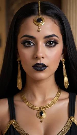 Athletic 20 year old Egyptian cleopatra, she has extreme dark hazel eyes, wearing lots of black eye makeup with sharp black points at the corner of her eyes, dark lipstick, big tits, cleavage, traditional Egyptian outfit