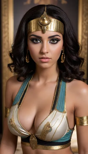 Full body view of an athletic 20 year old Egyptian cleopatra, she has extreme dark hazel eyes, wearing lots of black eye makeup with sharp black points at the corner of her eyes, big tits, cleavage, slut outfit