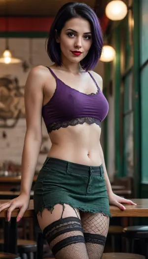 in a street cafe, a woman standing with black hair with purple highlights, mid-length bob cut, with a green tank top without a bra, short black skirt with fishnet stockings, with very disgusting dirty white lace panties filled with sperm, intense red lipstick, sinister smile, sitting with open legs
