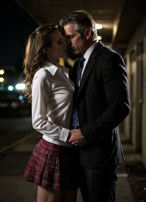 A woman and a man, Full body photo of 2 beautiful couple kissing, passionate, sexual, intimate, fully dressed, ((handsome shaved 53-year-old man in a coat and tie)), ((gorgeous busty slender 19-year-old woman in a school uniform consisting of a thin tight crisp white button-down shirt and a plaid miniskirt)), in parking lot, perfect large natural breasts, wide areolae and puffy erect nipples, detailed skin, detailed faces, his hands in her ass, extremely realistic, (best quality), masterpiece, incest, smoldering, forbidden, high resolution, (high quality), (super detail), (highest quality), (best details), (best shadow), (best shot), (best lighting), very, dark, focused, flash, photo, braless, Wearing, clothes, that, make, sense, with, Braless>, <lora:add-detail-xl:2>, <lora:style_lora_realis:2>, <lora:sdxl_darkflash_v6-000060:1.5>, <lora:dark:.05>, <lora:bralessSDXL_v1_00022:.9>