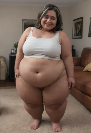 (Brunette ssbbw Gilf:1.4), beautiful 60 year old woman stood in a, (living room:1.6), (perfect studio lighting), (obese:1.5), drooping, saggy, (smile:1.3), (full body shot), (detailed skin:1.8), (brunette straight hair with gray highlights:1.3), (big eyes:1.3), (detailed eyes), (chubby face:1.3), (wearing a lowcut v-neck sleeveless white T-shirt)