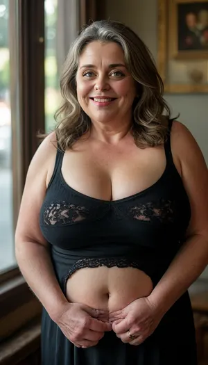 (mature:1.4), beautiful 60 year old woman, wearing a black sleeveless dress, (perfect lighting), (obese:1.5), drooping, saggy, (smile:1.3), (full body shot), (detailed skin:1.8), (brunette straight hair with gray highlights:1.3), (big eyes:1.3), (detailed eyes), (chubby face:1.3), (hairy pussy:1.4), plump pubis, <lora:MJ52:.5>, <lora:add-detail-xl:.5>