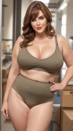 (((BODY FACE FRONT, LOCKIN FRONT))), fifty-year-old woman, ssbbw, Helen Parr, ultra detailed, masterpiece, best quality, extremely detailed, sharp focus, bob cut brown hair, brown eyes, ((sleeveless v-neck T-shirt, wide fullback panties, full brief, high-waist, high-cut, full coverage high panties)), parted lips, full lips