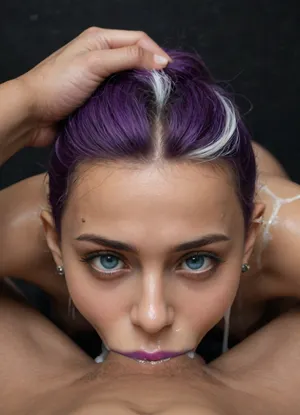 goth, (Pakistani), hottie, light blue eyes, purple hair, white highlights, ((purple lipstick)), leaning forward, black background, front view, close up, top down, view, outline, (shaved hairstyle), (clear bodysuit:.5), pov, (deepthroat:1.4), sucking cock, brown skin, (covered in white goo), wet from goo, (mouth leaks white goo:1.6), eyebrows arched, eyes wide