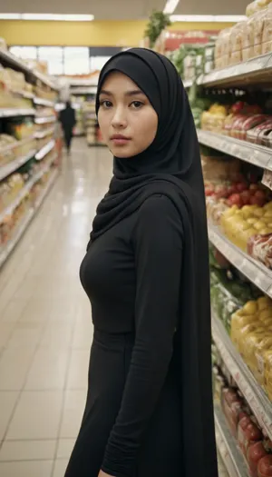 beautiful three 23 years old lady, wearing a black-colored hijab, asian, fully nude, light pale asian skin, arrogant face, slim. standing tall in the aisle of grocery store, realistic, standing, absolute rear view, hijab, scarf, jerseyseries, silkseries, parisseries, walking