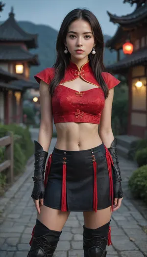 (Masterpiece), best quality, high detail, highres, high quality, detailed perfect eyes, high res image, high contrast shadows, 4k, 2D, flat colors, Uueyatee, 1girl, solo, black hair, long hair, medium sidelocks, bangs, moderately open forehead, red eyes, blushing, embarrassed look, earrings, white pearl earrings, toned body, red tassels, very thin, slender body, narrow waist, parted lips, red clothes, midriff, armor, black armor, Black metal skirt, metal boots, standing, (posing), calm, night time, (chinese), (china), (mythical), (mythical chinese scenery), sparkles, (outdoors), background characters, dynamic angle, looking at viewer