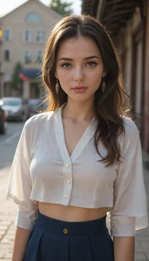 (Upper body photo:1.2), . Cute girl model, cropped kimono top and long flowing skirt. In an old Chinese village. Beautiful detailed eyes. Photorealistic, Natural atmospheric lighting, intricate details, 35mm photograph, film, professional, 4k visuals, highly detailed, elegant, studio quality
