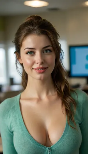 (sarah mcdaniel:1.1), Busty intern, sweaty, unzipper sweater, thong panties, long ponytail, office, realistic, realistic faces, smiling flirtatiously, smirk, realistic bodies, green, eyes, blue, brown, perfecteyes, <lora:PerfectEyesXL:.5>, <lora:MJ52:.4>