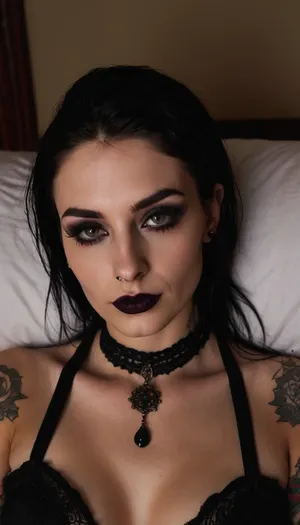 extremely beautiful and slender 25 year old goth cumbucket with big tits lying on the bed after a wild party, a gallon of thick cum has recently been poured over all of her body and face, lovely eyes, cute eyes, sexy eyes, sweet eyes, cute smile, tack sharp, ultra realistic, artsy, high cheekbones, (skinny face), (long face), (long skinny nose), ((dark goth makeup)), lots of tattoos