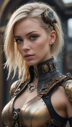 procreate hypermobile cyberpunk, beautiful blonde woman with steampunk body, mechanical, (((intricate details:1.2)))