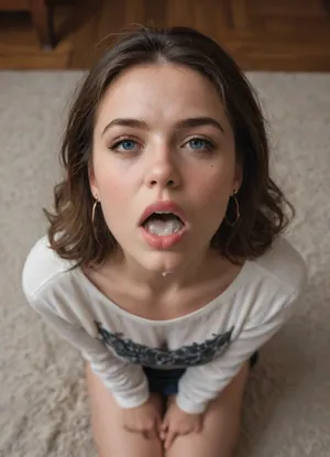 very beautiful 20 years, (dissatisfied face:1.4), sitting on knees, photo from above, in clothes, realism photo, (cum in throat:1.2), (open throat:1.2), crazy hairstyle