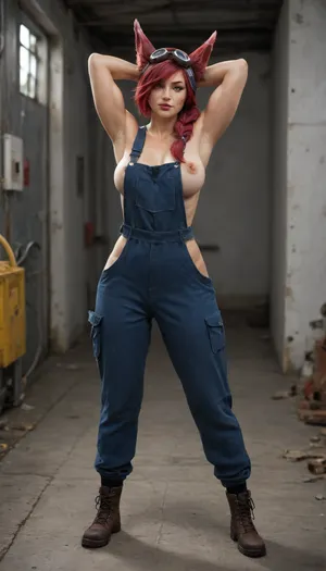 Girl, solo, full body view, (Xayah from league of legends), naked body, (perfect face), (The girl is dressed only in a worker's jumpsuit:1.2), (girl on junkyard:1.4), (girl have big muscles), (girl hold gigantic wrench in hands on her shoulder behind her head:1.3), show her naked breast, big natural breast
