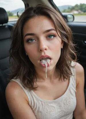 very beautiful 20 years, sits in a car seat, photo from above, in clothes, (cum in mouth:1.8)