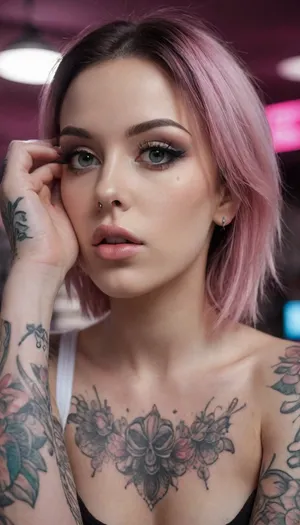 photorealistic, highly detailed, pink-emo, tattoo, piercing, tattoo studio background, <lora:pink-emo-sx:.5>