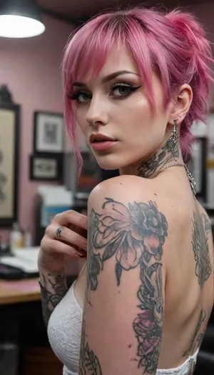 photorealistic, highly detailed, pink-emo, tattoo, piercing, tattoo studio background, <lora:pink-emo-sx:.5>