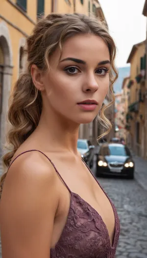 Candid photo, stunning 23 year old athletic college girl, wavy dark blonde ponytail, realistic detailed face, realistic detailed eyes, realistic detailed skin, standing on an old Italian street, deep v cocktail dress, extreme realism, extremely detailed