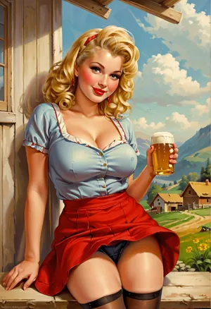 ((Up skirt, from below:1.5)), . A pin-up illustration depicting a young village woman in a retro style from the mid-20th century. She is depicted in full height. She has large, expressive eyes, fair skin, soft, wavy hair in a 1950s hairstyle, and a cheerful or playful expression on her face., 1 village girl, vibrant young Bavarian village girl, sitting, serving mugs of beer, white skin, very cute, happy smiling face, (blonde hair), (medium length hair), . The illustration is made in the traditional pin-up style, (like by Gil Elvgren), with warm tones and gentle shading, sagging, Frame, one, breast, out, <lora:sagging-000015:2>, <lora:tbh210-sdxl:1.5>, <lora:one breast out XL:.8>