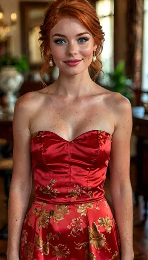 a gorgeous slender 19-year-old coed with very short light orange hair in a pixie cut stands in an indochine living room, wearing a modest red brocaded cherry red prom dress, (short orange hair), very large breasts, (((cherry red brocade dress))), bright smile, cute pixie-ish face, (fully dressed), slightly high angle, large expressive green eyes, professional makeup, very long eyelashes, mascara and eyeliner, moist lips, pearl necklace, a little cleavage, tan lines, very realistic skin with wrinkles and pores and blemishes, perfect hands, very wide areolae with big puffy erect nipples under the dress, wooden floor, hyper realistic, high-resolution, 8K, insanely detailed, perfect shadows, masterpiece, sexy, beautiful, clothes, braless, Wearing, that, make, sense, with, Braless>, but, freckles, luisap, birth, mark, <lora:add-detail-xl:2>, <lora:bralessSDXL_v1_00022:.9>, <lora:BUT_SDXL_SHS:.3>, <lora:style_lora_realis:2>, <lora:LPFRECKLES_lora:.9>