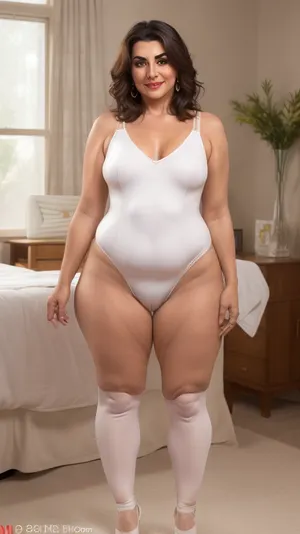 Lubica stepaunt, ((Front view)), photorealistic, obese bbw 60 year old mature fat BBW GILF with beautiful eyes, big hips, wide hips, thick thighs, very chubby, (FUPA:1.2), ((Nikon Z8)), realistic matte skin, skin texture visible, (sharp focus), (high quality), (face visible), ((Detailed Face and Eyes)), 8k high definition, ((Armenian woman)), ((mid length brunette hair)), ((stunningly beautiful woman)), ((sexy woman)), ((wearing sleeveless v-neck white cotton long leotard:1.3), (high waist, highcut, white pantybriefs:1.3)), ((smiling)), ((plump pubis, cameltoe, fupa)), sagging, ((pokies)), ((hotel room background)), (((perfect lighting))), (((looking at viewer))), (((chubby face:1.5))), (((round face:1.2))), (RAW photo:1.2), (photorealistic:1.4), (masterpiece:1.4), (best quality:1.4), ultra high res, ((detailed facial features)), HDR, 8k resolution, depth of field, intricate details body, long range focus, long distance view, ((full body view:1.5)), 8k professional modelshoot style high definition, full body visible, detailed face, round face, a realistically designed face, tt_saggy, tt_flat, <lora:age_slider_v20:1.1>, <lora:tt_saggy:.3>, <lora:BGV5EX:.8>