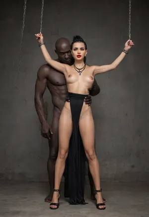Full Body picture, loincloth, absolutely black skin, (deep ebony skin), Tattoos, African, Nigerian, Nubian, (((absolutely black skin))), narrow face, erotic expression, very Low cheekbones, small hips, athletic Figure, (completely naked), no Slip, no clothes, Hourglas Figure, hands bound with chains, very small hips, sporty. Sporty bigbass, female sex dessert warrior queen, standing in dessert, d&d character, fantasy, opulent jewelry, bone necklace, strong, extreme huge perfect breasts, big perfect breasts, hip chain, heavy dripping Pussy, bald shaved head, undercut mohawk, ((very heavy black ebony:1.8)), very tall, Long legs, extreme Spread legs, tired smiling, intricate details, iridescent, vivid colours, trending on artstation, Jean Baptiste Monge, Michael Garmash art capturing the style of Aaron Horkey, Jeremy Mann and Luis Royo, body-focused composition from a low angle, huge perfect breasts, alluring figure, dark fantasy, dynamic composition, black, white colors, white lipstick, white nails, warm hues, rendered in colorful ink flow, showcases acrylic calligraphy, watercolor techniques seamlessly into a maximalist masterpiece, detailed with gouache fluidity, golden hour light, hyperrealism, hypperrealistic, hyperdetailed, 64k, ultraHDR, cunfront, cunback, cunabove, cunbelow, cunpov, female_pov, ass, head, between, thighs, bare tits, bare pussy, a-cup tits, saggy tits, (skinny, athletic, vascular, ripped abs, hardbody, anorexic, androgyne), totally nude, (dripping Pussy), aggressive, muscular, waist chain, belly chain, pubic hair, pussy chain, anklet, barefoot sandals, very dark nipples, very dark aureolas, foot fetish, shredded, style, At the crowded ball, I stop playing with his cock for a few seconds, stand up, I ignore the looks of the people around us and open my black fur coat and take off my black diaphanous pelvic curtain dress, showing him all for him, although I barely let him admire it for a few seconds, as I quickly strip completely naked., large earrings, red lips, silver bracelets, freckles, <lora:SdXL_better freckles_epoch_16:1.6>