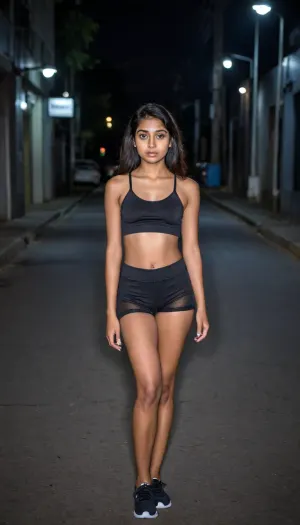 Cute Young indian girl, wearing tight black mesh shorts, in a dark street, medium ass, small tis, raw, lighting, overexposed, harsh, flash, <lora:Rawfully Stylish v0.2_epoch_20:.8>, <lora:SDXLHighDetail_v6-000005:.8>