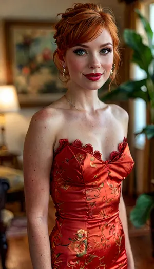 a gorgeous slender 19-year-old coed with very short light orange hair in a pixie cut stands in an indochine living room, wearing a modest red brocaded cherry red prom dress, (short orange hair), very large breasts, (((cherry red brocade dress))), bright smile, cute pixie-ish face, (fully dressed), slightly high angle, large expressive green eyes, professional makeup, very long eyelashes, mascara and eyeliner, moist lips, pearl necklace, a little cleavage, tan lines, very realistic skin with wrinkles and pores and blemishes, perfect hands, very wide areolae with big puffy erect nipples under the dress, wooden floor, hyper realistic, high-resolution, 8K, insanely detailed, perfect shadows, masterpiece, sexy, beautiful, clothes, braless, Wearing, that, make, sense, with, Braless>, but, <lora:add-detail-xl:2>, <lora:bralessSDXL_v1_00022:.9>, <lora:BUT_SDXL_SHS:.3>, <lora:style_lora_realis:2>, <lora:chest_adjust:1.5>