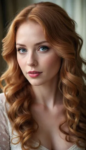 [gorgeous woman], [age is 30o.], [hair is long hair, strawberry blonde hair, wavy hair, soft curls], [[heart shaped face, pixie nose, large eyes, long eye lashes, full eye lashes], [topaz blue eyes], [American], [makeup is dark eye liner, heavy lashes, red lipstick, blue eye shadow], [physical attributes are huge breasts, (big breasts:2), (fake breasts:1.5), (tight breasts:2), (narrow waist:1.5), tiny waist, big ass, round ass, large clit, big clit, protruding clitoris, puffy pussy lips, camel-toe], [character is]]