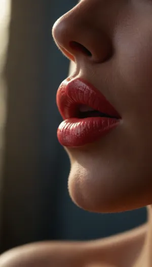ziprealism, (full lips, soft pillowy lips, sensual lips, moist lips, sensual expression:1.6), (avant-garde experimental photography, ethereal lighting), (sharp focus on lips, extreme closeup), (sharp contrasting silhouette, profile, Dutch Angl:1.2), (intense natural backlight, light bloom, shallow depth of field, soft bokeh, layered composition with subtle foreground)