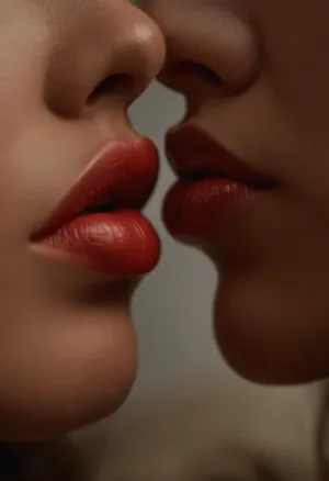 ziprealism, (full lips, soft pillowy lips, sensual lips, moist lips:1.6), (girlfriends, anticipation, desire, before the kiss:1.2), (avant-garde experimental photography, ethereal lighting), (sharp focus on lips, extreme closeup), (sharp contrasting silhouette, profile, Dutch Angle:1.2), (shallow depth of field, soft bokeh, layered composition with subtle foreground)