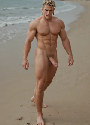 Full body shot, muscular long blonde haired white male on beach showing his massive huge cock