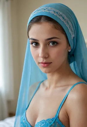 fine facial features, very beautiful, sweet, modest, thin Muslim girl, Muslim girl 18 years old, standing in the bedroom, the Muslim woman is wearing blue thongs, a bra, stockings, a stocking hanger, on her head is a blue Muslim transparent headscarf, close up of a girl, there is a transparent veil on the face